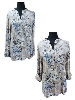 Tempo Paris Split Neck Roll Tab Tunic Blouse